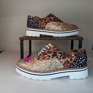 Betsey Johnson Pixxy Oxfords Womens 9 Leopard Glitter Heart Platform Maximalist